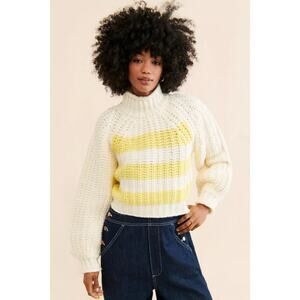 Wrangler Balloon Sleeve Turtleneck Chunky Knit Yellow Stripe Cream Sweater